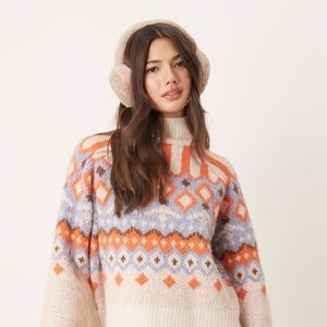 ASOS High Neck Boxy Fairisle Patterned Wool Blend Sweater Womens Size S
